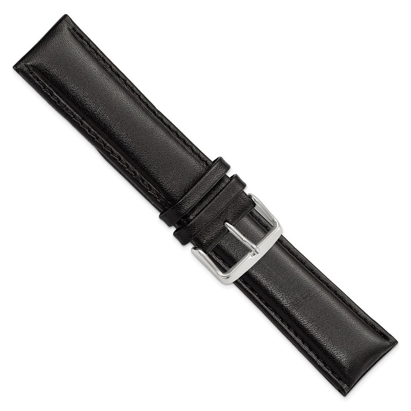 24mm Long Black Leather Chrono Silver-tone Buckle Watch Band