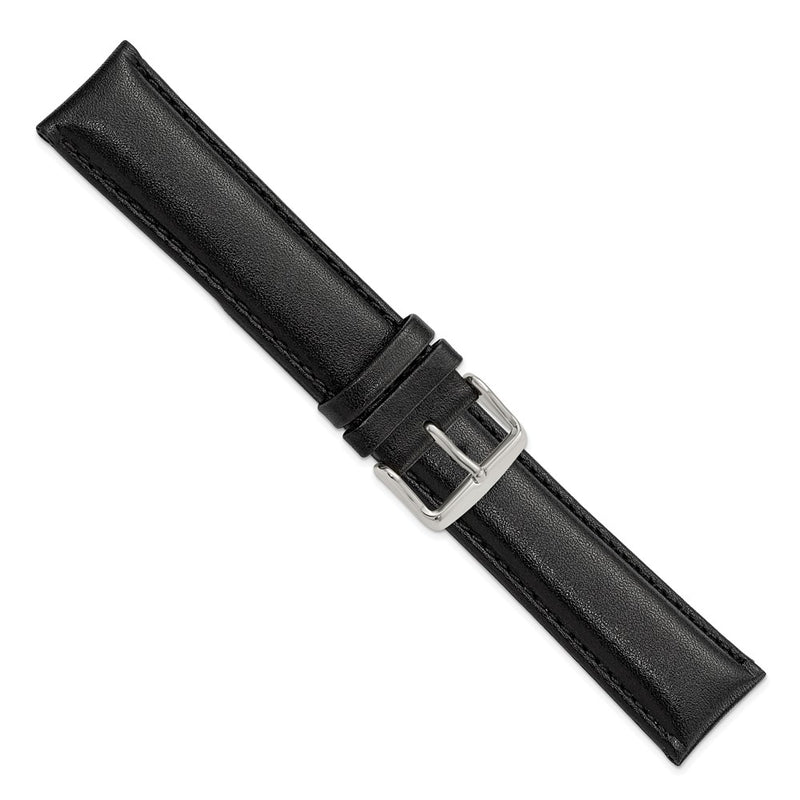 22mm Short Black Smooth Leather Chronograph Silver-tone Buckle Watch Band