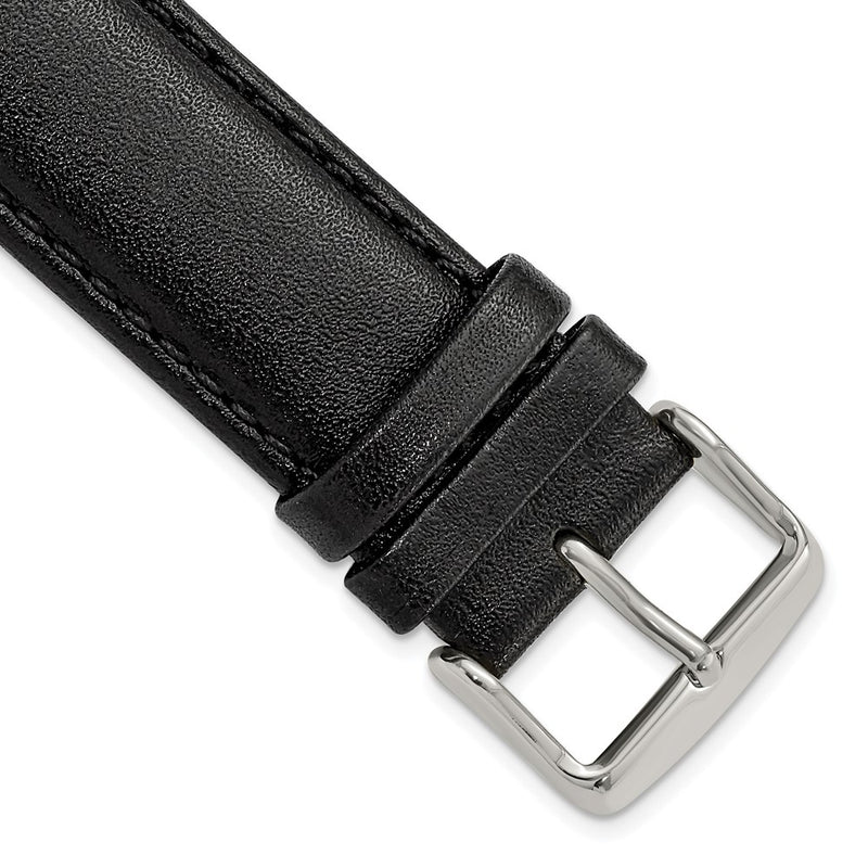 22mm Short Black Smooth Leather Chronograph Silver-tone Buckle Watch Band