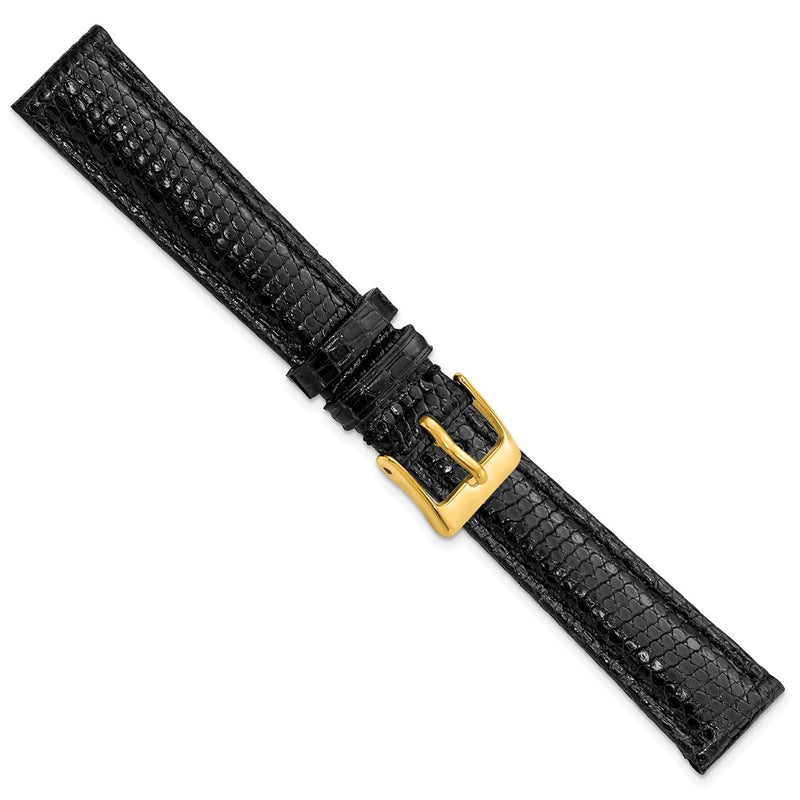 DeBeer 14mm Black Genuine Lizard Leather with Gold-tone Buckle 6.75 inch Watch Band