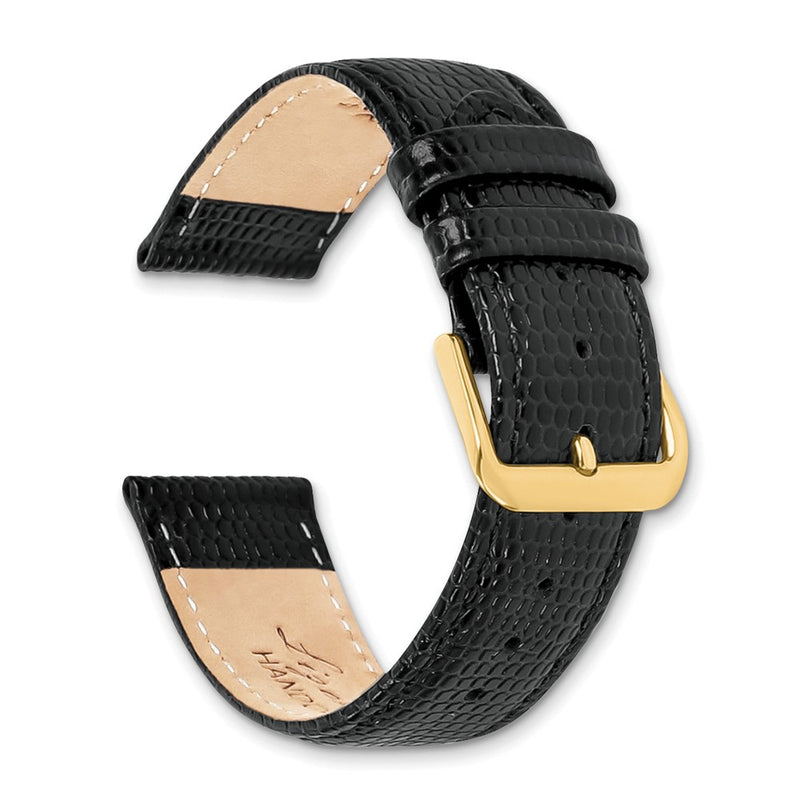 DeBeer 20mm Short Black Lizard Grain Leather with Gold-tone Buckle 6.75 inch Watch Band