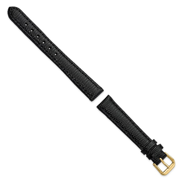 DeBeer 14mm Black Lizard Grain Leather with Gold-tone Buckle 6.75 inch Watch Band