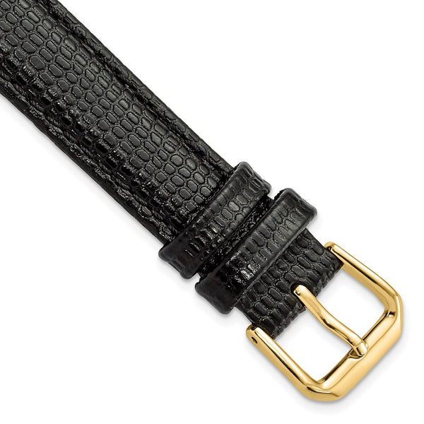 DeBeer 15mm Black Lizard Grain Leather with Gold-tone Buckle 7.5 inch Watch Band