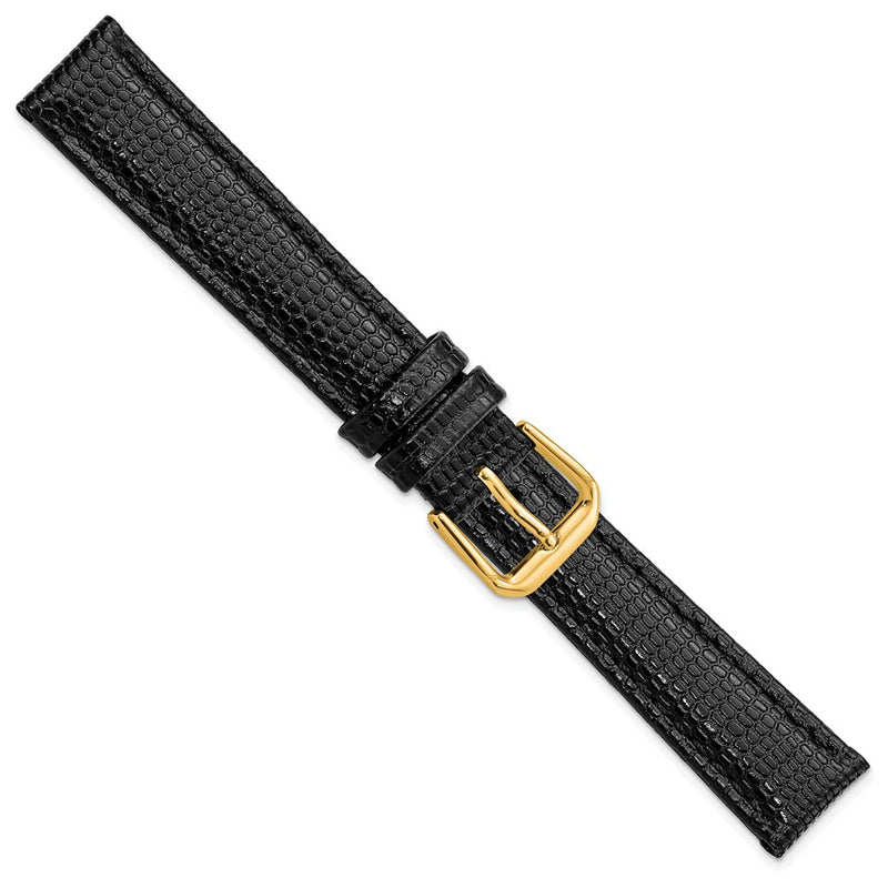 16mm Black Lizard Grain Leather Gold-tone Buckle Watch Band