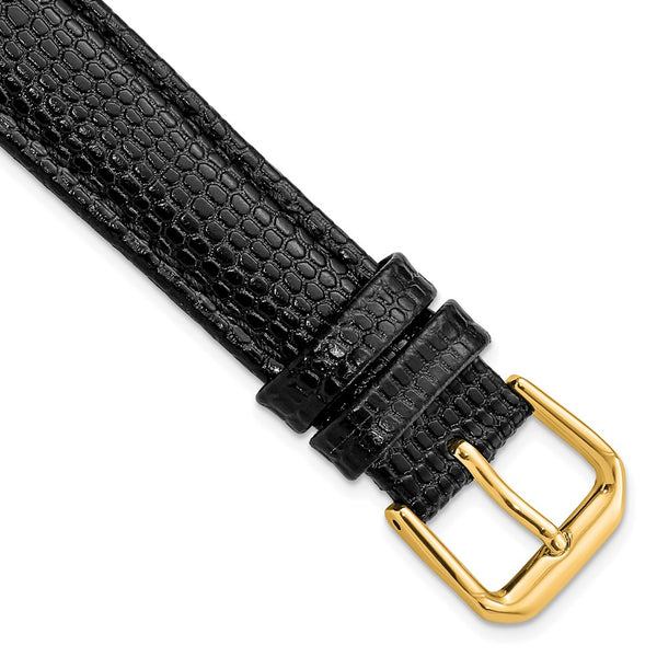 DeBeer 16mm Black Lizard Grain Leather with Gold-tone Buckle 7.5 inch Watch Band