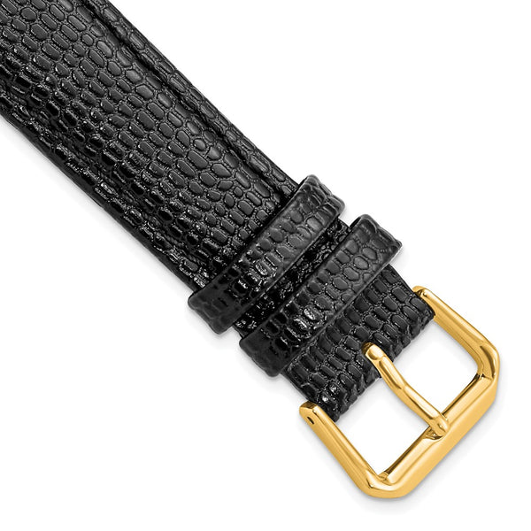 DeBeer 18mm Black Lizard Grain Leather with Gold-tone Buckle 7.5 inch Watch Band