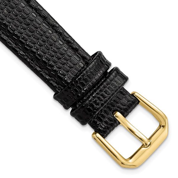 16mm Short Black Lizard Grain Leather Gold-tone Buckle Watch Band