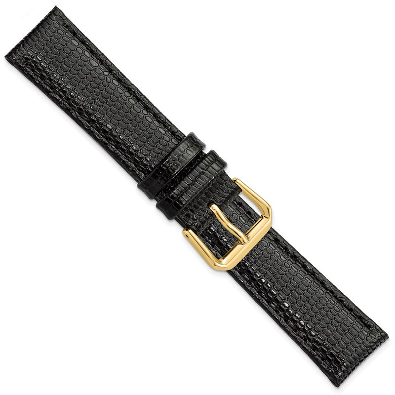 18mm Short Black Lizard Grain Leather Gold-tone Buckle Watch Band