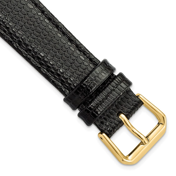 DeBeer 18mm Short Black Lizard Grain Leather with Gold-tone Buckle 6.75 inch Watch Band