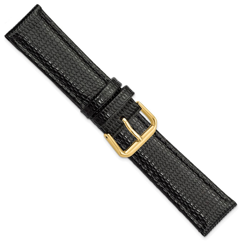 DeBeer 20mm Short Black Lizard Grain Leather with Gold-tone Buckle 6.75 inch Watch Band