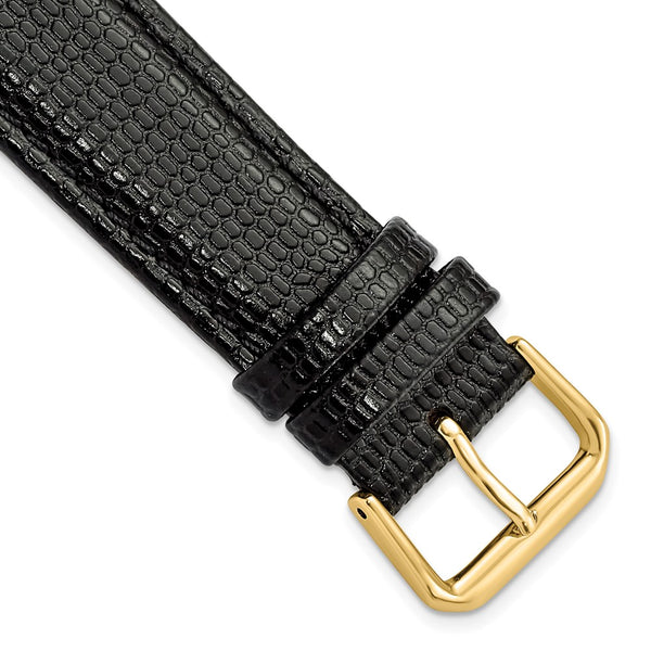 DeBeer 20mm Short Black Lizard Grain Leather with Gold-tone Buckle 6.75 inch Watch Band