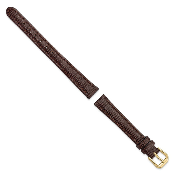DeBeer 12mm Dark Brown Lizard Grain Leather with Gold-tone Buckle 6.75 inch Watch Band
