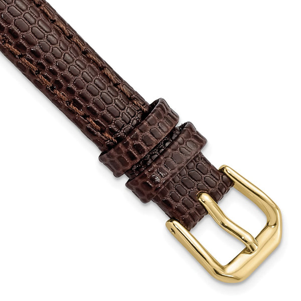 12mm Dark Brown Lizard Grain Leather Gold-tone Buckle Watch Band