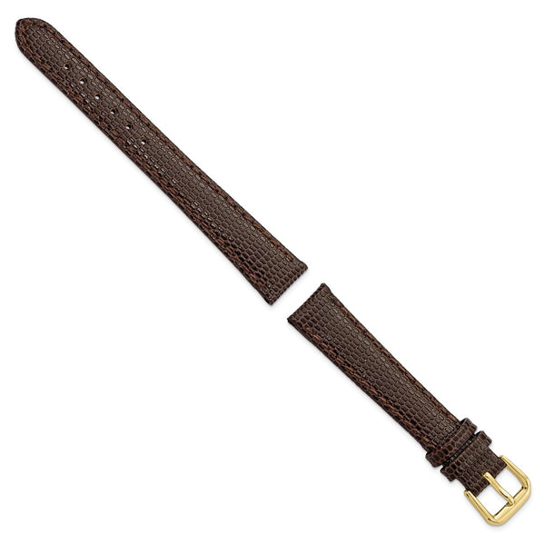 14mm Dark Brown Lizard Grain Leather Gold-tone Buckle Watch Band