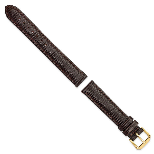 15mm Dark Brown Lizard Grain Leather Gold-tone Buckle Watch Band