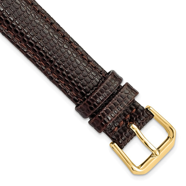 15mm Dark Brown Lizard Grain Leather Gold-tone Buckle Watch Band