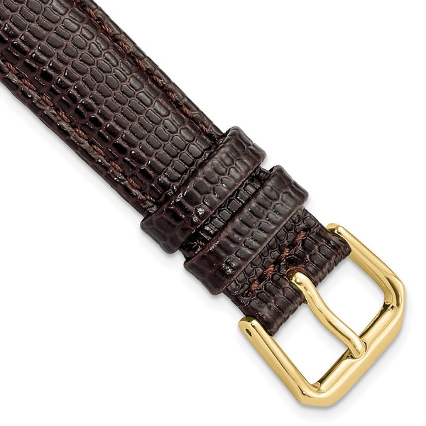 DeBeer 16mm Dark Brown Lizard Grain Leather with Gold-tone Buckle 7.5 inch Watch Band