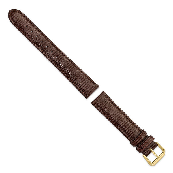 DeBeer 17mm Dark Brown Lizard Grain Leather with Gold-tone Buckle 7.5 inch Watch Band