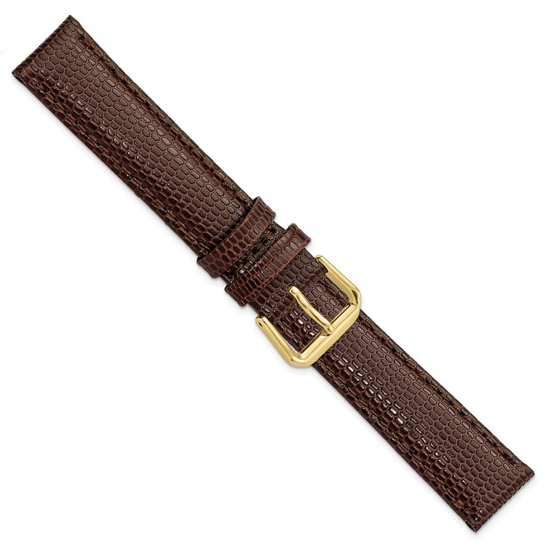 DeBeer 17mm Dark Brown Lizard Grain Leather with Gold-tone Buckle 7.5 inch Watch Band