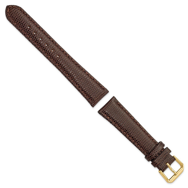 DeBeer 19mm Dark Brown Lizard Grain Leather with Gold-tone Buckle 7.5 inch Watch Band