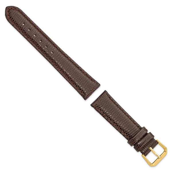 18mm Short Dark Brown Lizard Grain Leather Gold-tone Buckle Watch Band