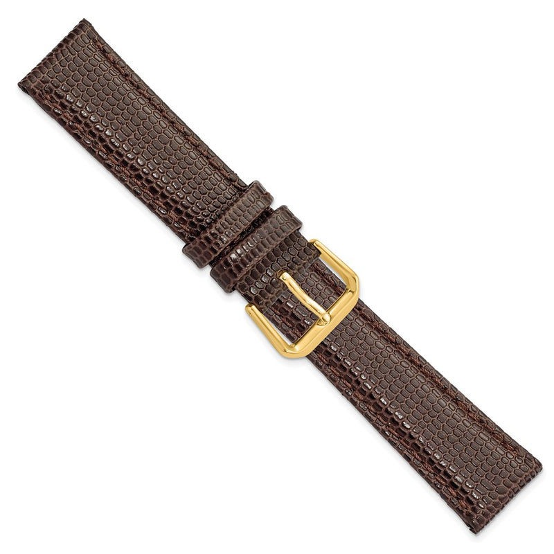 18mm Short Dark Brown Lizard Grain Leather Gold-tone Buckle Watch Band