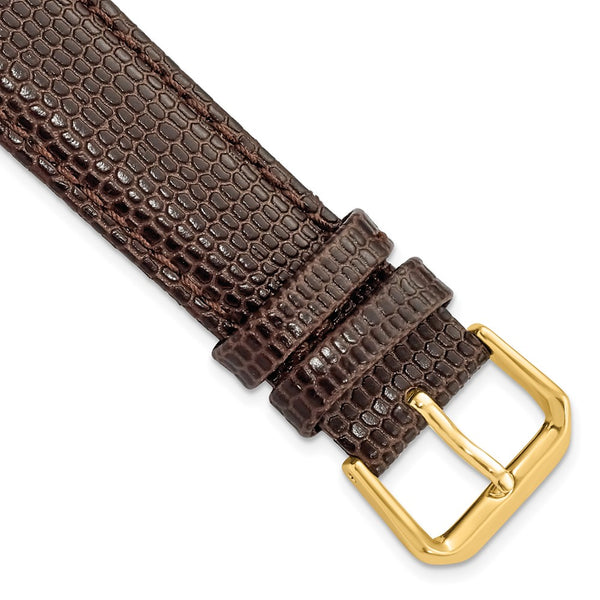 18mm Short Dark Brown Lizard Grain Leather Gold-tone Buckle Watch Band