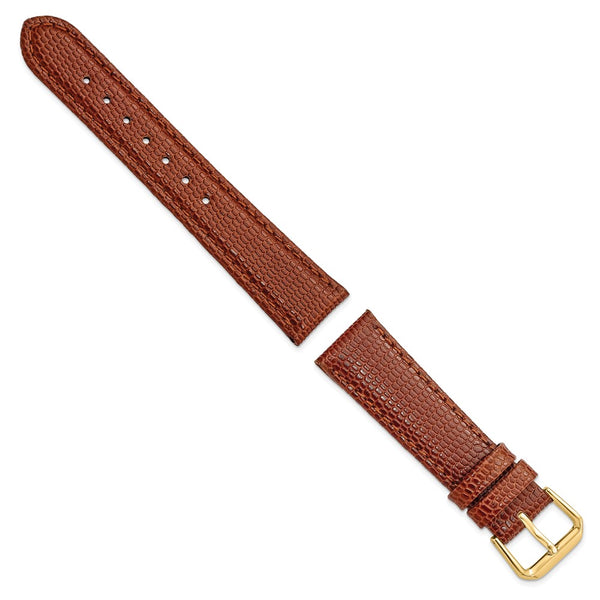 18mm Short Havana/Brown Lizard Grain Leather Gold-tone Bkle Watch Band