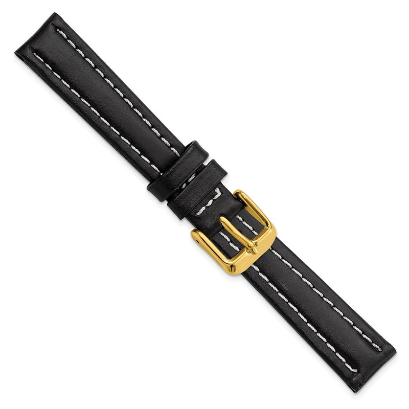 DeBeer 14mm Black Oil-tanned Leather with White Stitching and Gold-tone Buckle 6.75 inch Watch Band