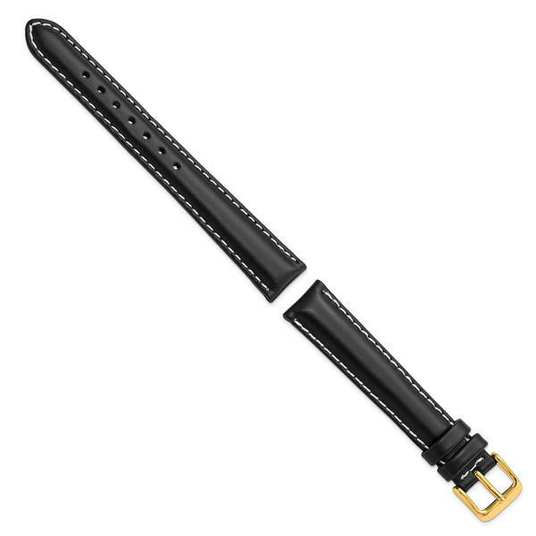 DeBeer 16mm Black Oil-tanned Leather with White Stitching and Gold-tone Buckle 7.5 inch Watch Band