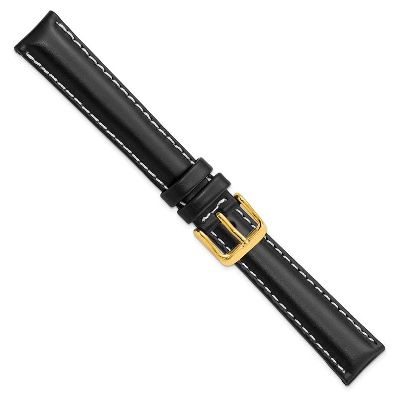 DeBeer 16mm Black Oil-tanned Leather with White Stitching and Gold-tone Buckle 7.5 inch Watch Band