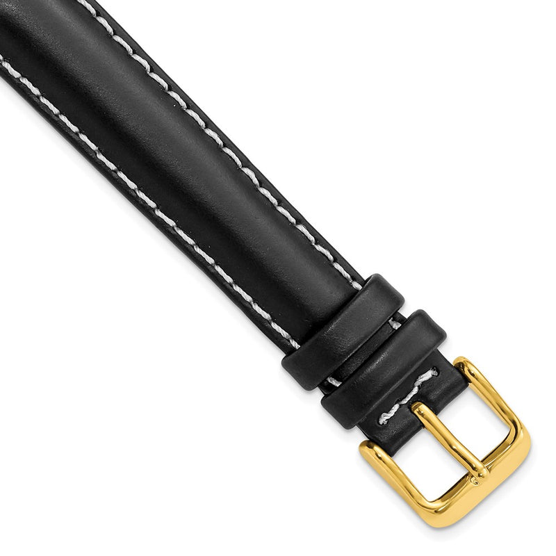 DeBeer 16mm Black Oil-tanned Leather with White Stitching and Gold-tone Buckle 7.5 inch Watch Band