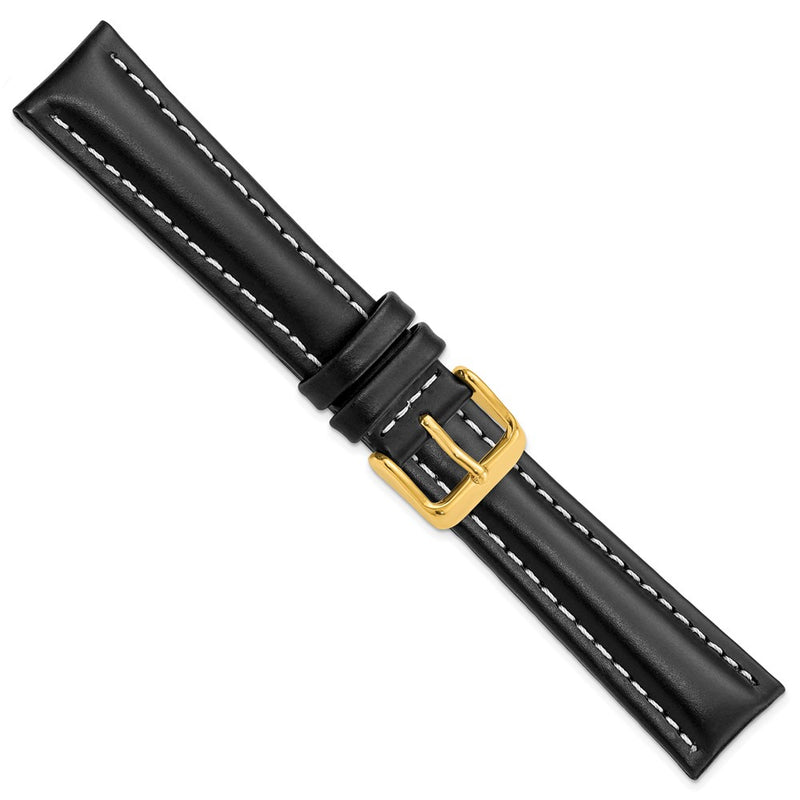 DeBeer 19mm Black Oil-tanned Leather with White Stitching and Gold-tone Buckle 7.5 inch Watch Band