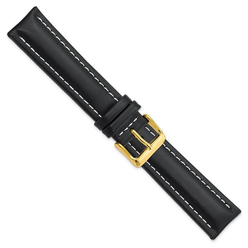 DeBeer 20mm Black Oil-tanned Leather with White Stitching and Gold-tone Buckle 7.5 inch Watch Band