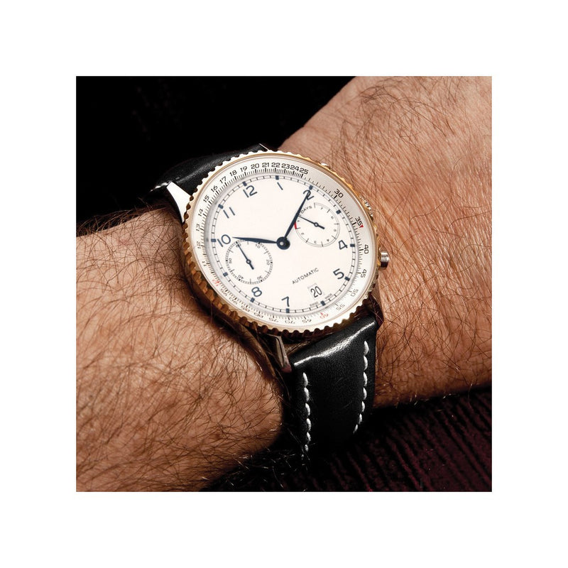 DeBeer 22mm Long Black Oil-tanned Leather with White Stitching and Gold-tone Buckle 8.25 inch Watch Band
