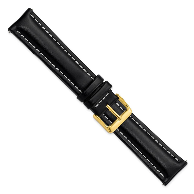 DeBeer 20mm Long Black Oil-tanned Leather with White Stitching and Gold-tone Buckle 8.25 inch Watch Band
