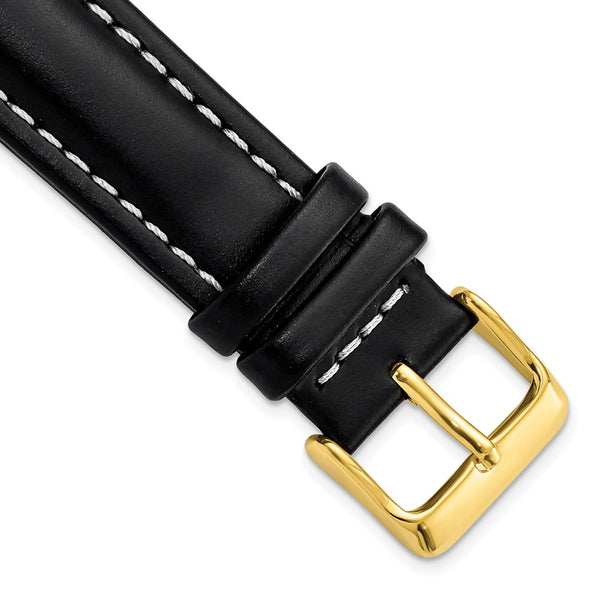 DeBeer 20mm Long Black Oil-tanned Leather with White Stitching and Gold-tone Buckle 8.25 inch Watch Band