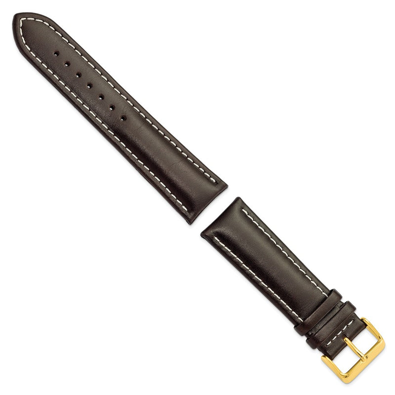 DeBeer 24mm Dark Brown Oil-tanned Leather with White Stitching and Gold-tone Buckle 7.5 inch Watch Band