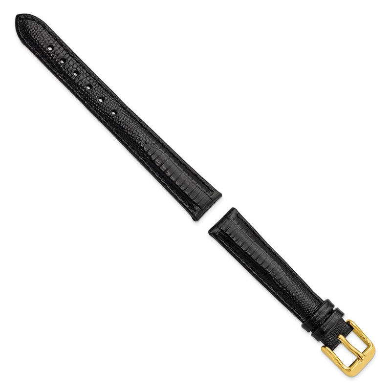 DeBeer 14mm Black Teju Liz Grain Leather with Gold-tone Buckle 6.75 inch Watch Band