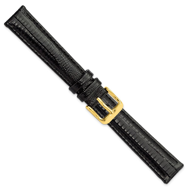 DeBeer 16mm Black Teju Liz Grain Leather with Gold-tone Buckle 7.5 inch Watch Band
