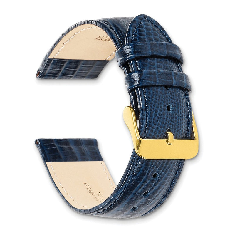 DeBeer 19mm Navy Teju Liz Grain Leather with Gold-tone Buckle 7.5 inch Watch Band