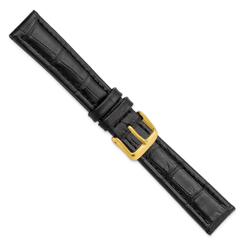 DeBeer 18mm Black Matte Alligator Grain Leather with Gold-tone Buckle 7.5 inch Watch Band