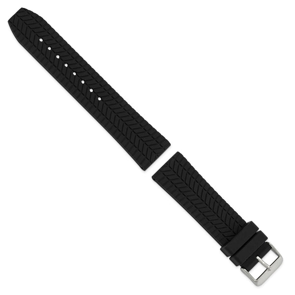 DeBeer 22mm Black Tread Silicone Rubber with Brushed Stainless Steel Buckle 8.25 inch Watch Band