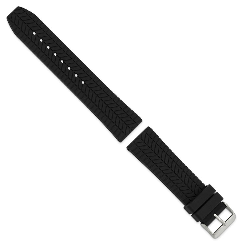 DeBeer 22mm Black Tread Silicone Rubber with Brushed Stainless Steel Buckle 8.25 inch Watch Band