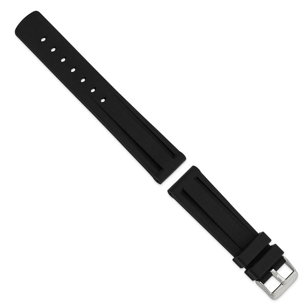 20mm Black Grooved Silicone Rubber Stainless Steel Buckle Watch Band