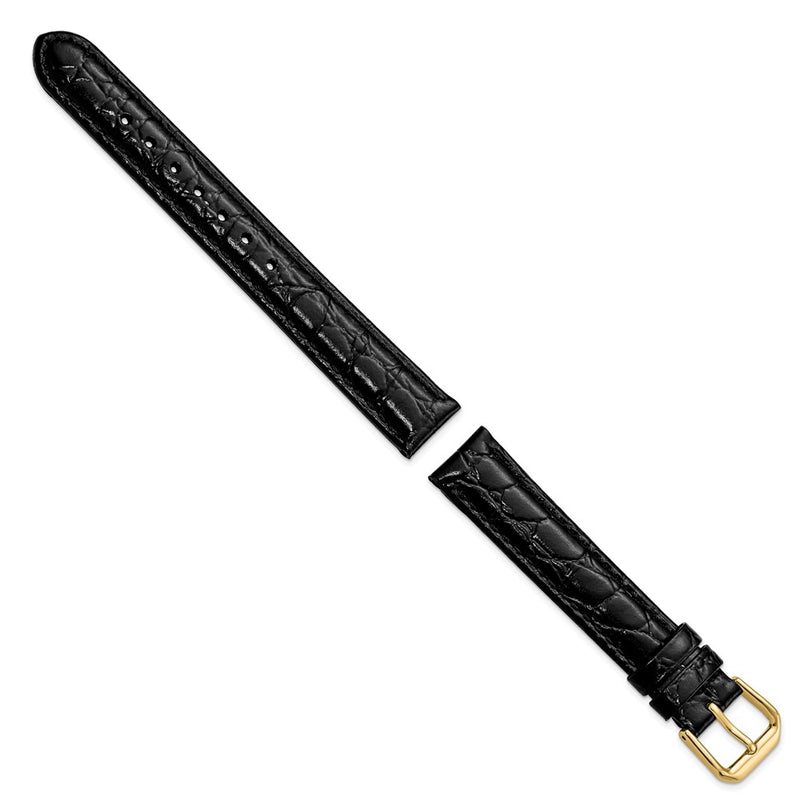DeBeer 15mm Black Alligator Grain Leather with Gold-tone Buckle 7.5 inch Watch Band