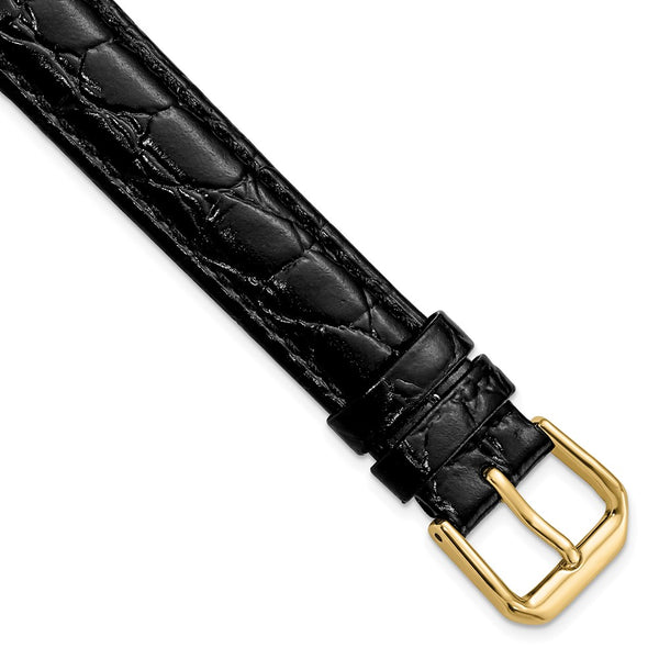 DeBeer 15mm Black Alligator Grain Leather with Gold-tone Buckle 7.5 inch Watch Band