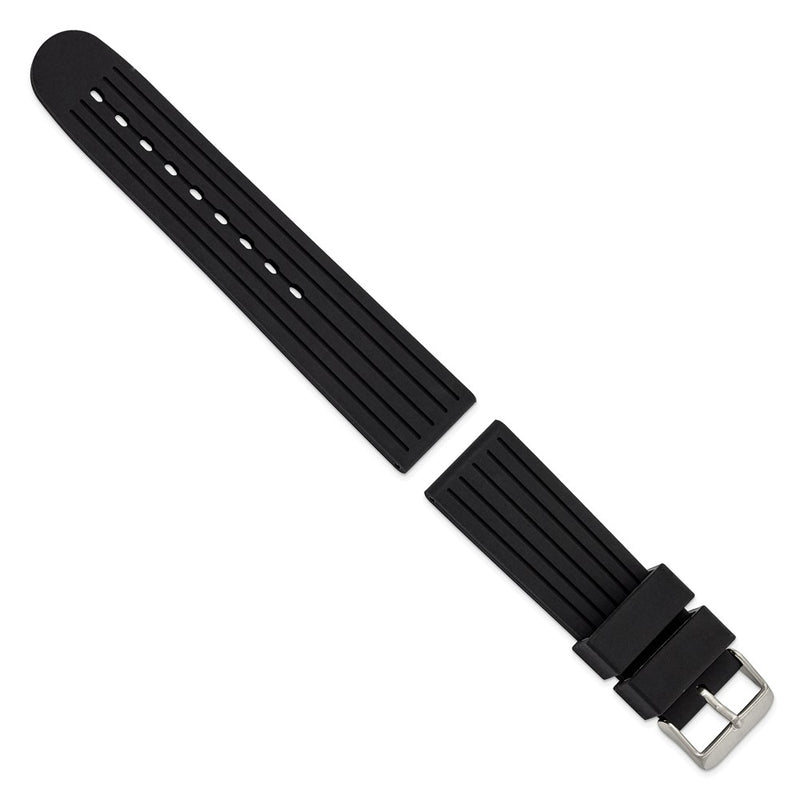 DeBeer 22mm Black Striped Silicone Rubber with Brushed Stainless Steel Buckle 8 inch Watch Band