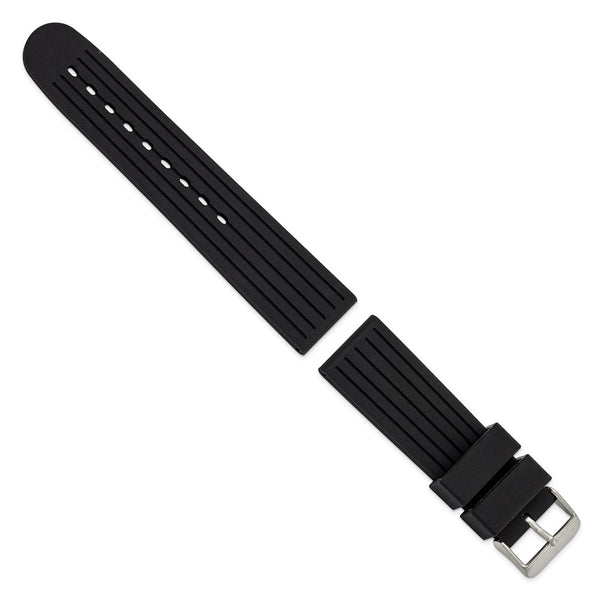 22mm Black Striped Silicone Rubber Stainless Steel Buckle Watch Band