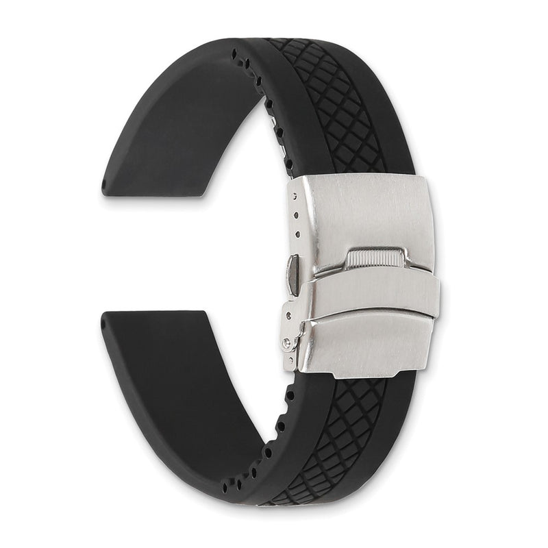 DeBeer 22mm Diver's Style Black Lattice Design Silicone Rubber with Brushed Stainless Steel Deployment Buckle 7.25 inch Watch Band
